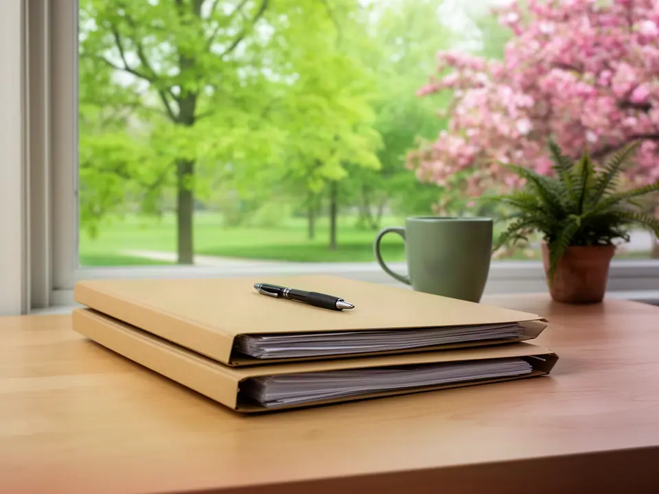 Manila folders and a pen on a maple desk by a window with spring blossom