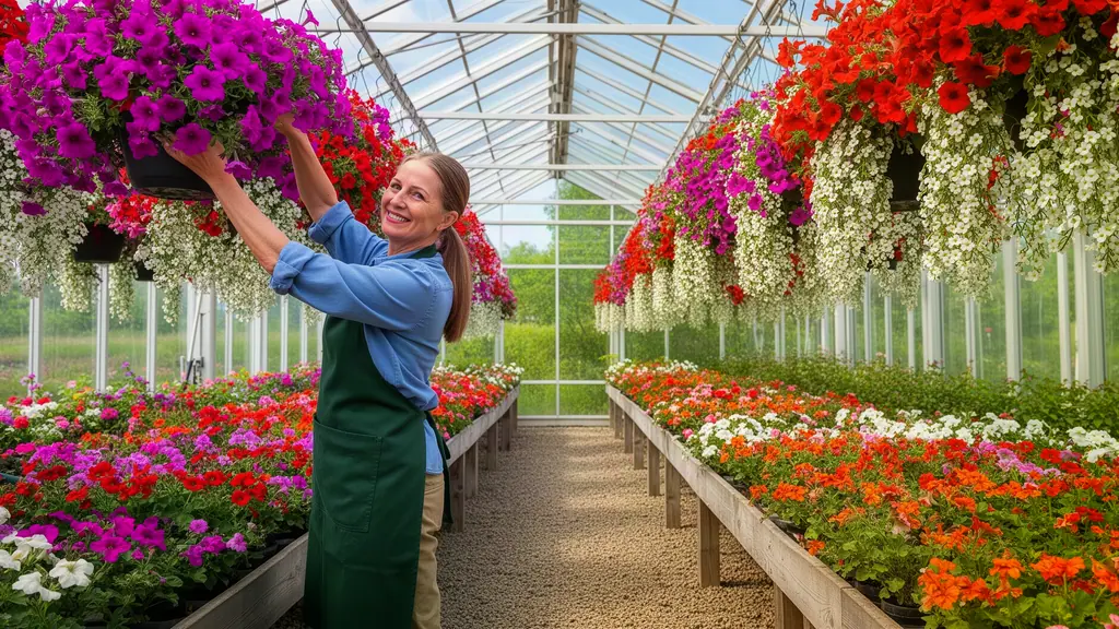 Nursery owner hanging a basket of magenta petunias in a greenhouse full of flowers